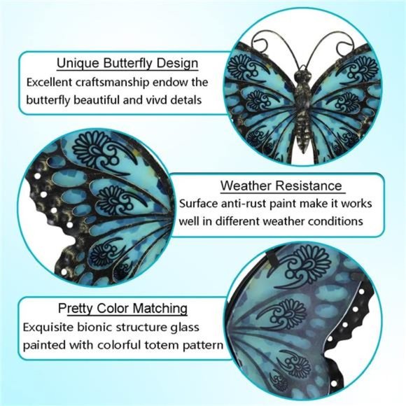 Metal Butterfly Wall Decor Glass Outdoor Wall Art Sculptures 12" Garden Hanging - Picture 4 of 6